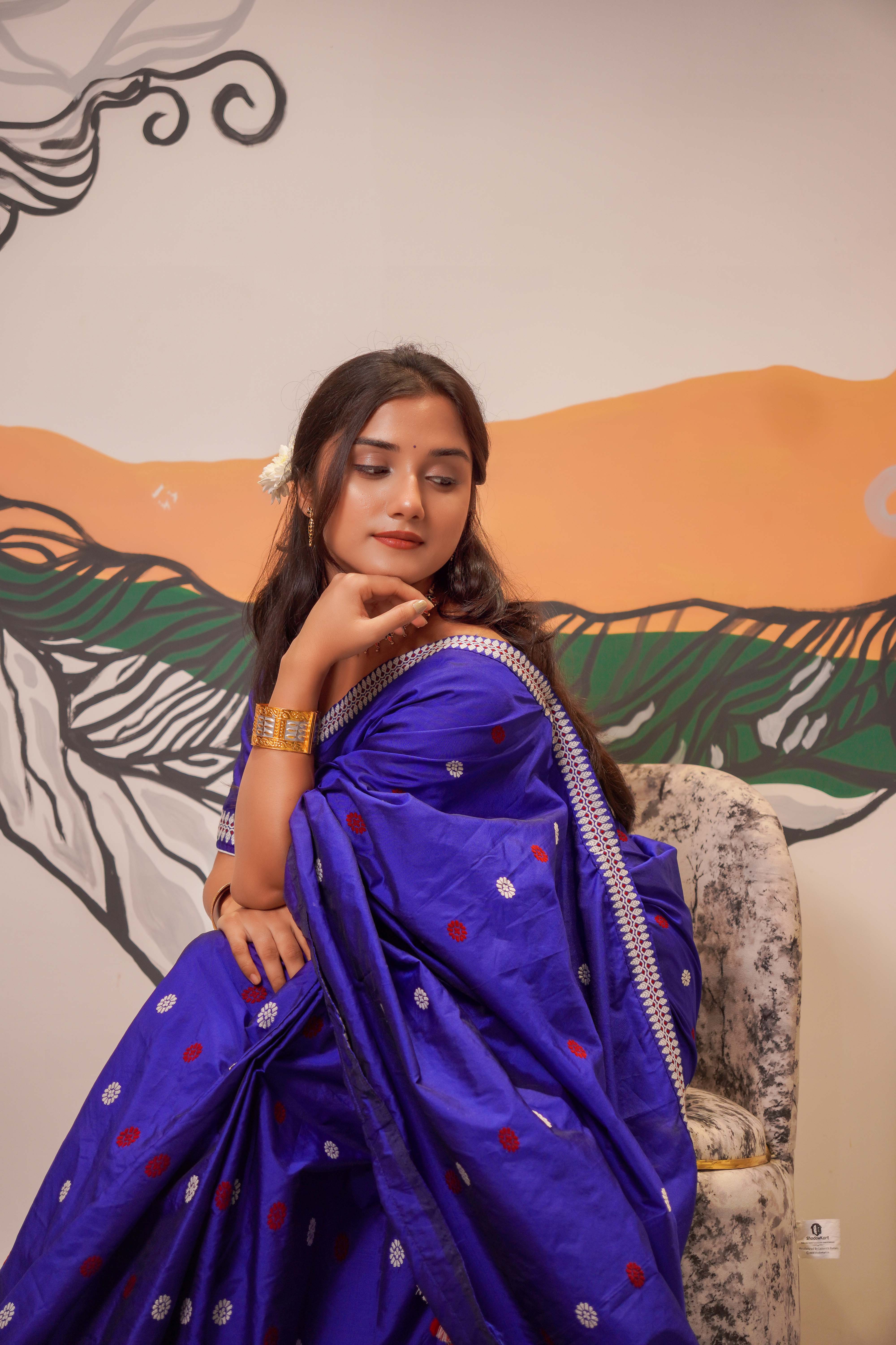 Assam Handmade Royal Blue Pat Silk Mekhela Chador